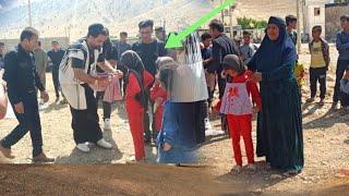 Happiness in magic hut: support and gift tourist men to grandmother and two orphan girls in hut