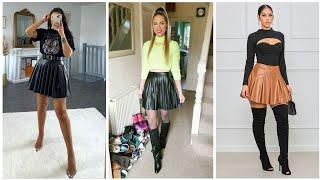 Office wear latest leather pleated mini skirt outfit ideas#2023