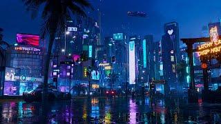Cyberpunk Night City Walk | Rainy Calm Nighttime Ambience | Sleep Focus Chill Relax - Synthwave Mix