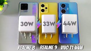 Vivo T1 44W Vs Realme 9 Vs Realme 8 Charging Test | 44W Vs 33W Vs 30 W Charging Test | Atul Tech