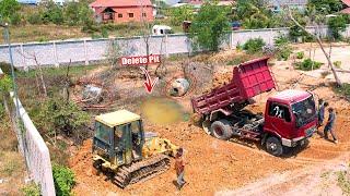 Starting A New Project Deleted Pit With Komatsu D21P Bulldozer Pushing Soil & Small Dump Truck 5Ton