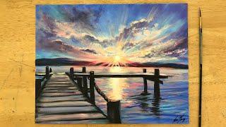 HOW TO PAINT SUNSET BY THE DOCK  STEP BY STEP ACRYLIC TUTORIAL