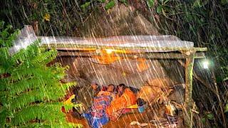 camping during heavy non-stop thunderstorm rain // building a plastic shelter