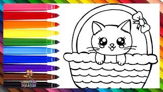 Dibuja y Colorea Un Lindo Gato En Una Canasta  Dibujos Para Niños