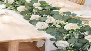 1pc Artificial Eucalyptus Garland with White Rose Green Leaf Wreath Flower Vine for Wedding Home P