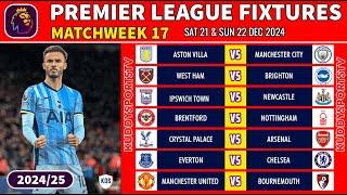 EPL FIXTURES TODAY - MATCHWEEK 17 - PREMIER LEAGUE FIXTURES 2024/25 - EPL FIXTURES 2024-25