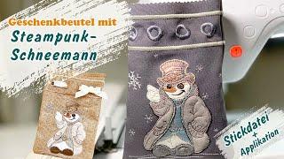 ITH Stickdatei Geschenkbeutel mit Schneemann Applikation, Weihnachtssäckchen Steampunk Look