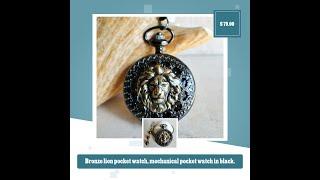 Bronze lion pocket watch, mechanical pocket watch in black.