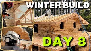 Day 8 | Extreme Log Cabin Winter Build | Window Cut Out/Main Roof TNG & Rim Board