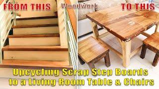 Upcycling Scrap Stair Step Boards to a Living Room Table | Turning Wood Scraps to Table & Chairs DIY