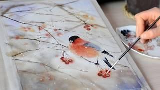 Watercolor painting Bullfinch.