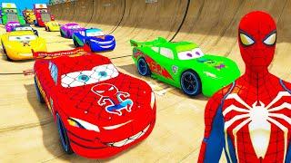 SPIDERMAN McQueen Friends Mega MULTI Ramp Challenge ! SUPERHEROES HULK Disney Cars Stunt Race - GTAV