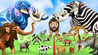 5 Giant Mammoth Elephant Cow Vs 5 Giant Lion Tiger Wolf Vs Hybrid Mammoth Zebra Saved Woolly Mammoth