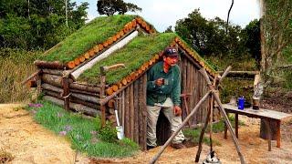 Building Complete Survival Shelter - Bushcraft Earth Hut - Grass Roof,  Fireplace and Cooking Tripod