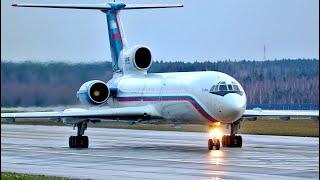 Tupolev Tu-154 taking off, late turning on the lights. Legendary aircraft in action.
