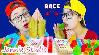 ASMR Candy Race With Sticky Tape On Hand  손에 스티커 테이프로 캔디 레이스 Jannie Studio 재니