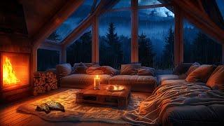 Cozy Attic Living Room Thunderstorm - Rain, Fireplace, and Sleeping Cat Ambiance