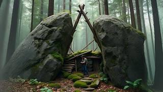 A Man Built a Wooden House between Rocks | Start to Finish, @PaddysBushcraft