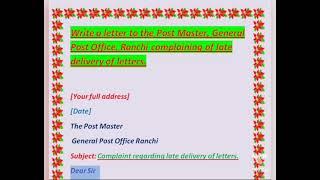 Letter To The Post Master Complaining Of Late Delivery Of Letters ll Complaint Letter To Post Master