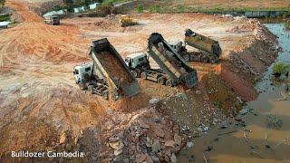 BIG THE PROJECT TEAM MACHINES DOZER KUMAT'SU USE POWERFUL PUSH SOIL INTO WATER & DUMP TRUCK 25.5 TON