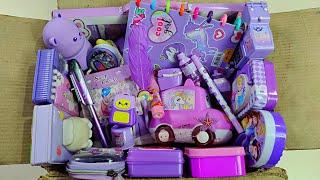 Unboxing Purple Stationery items, pencil box collection, eraser, notebook, toy collection,sharpener