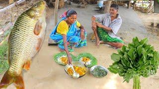 AMERICAN ROHU FISH CURRY & SHAK VAJI cooking and eating by our santali old couple