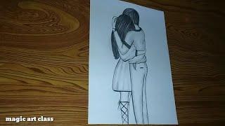 Easy cute hugging couple drawing || pencil sketch