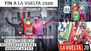 Richard Carapaz subcampeón de la Vuelta España 2020, Primoz Roglic y Hugh Carthy en el podio.