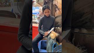 Hardworking Young Girl Selling Fresh Coconut Water - Fruit Cutting Skills