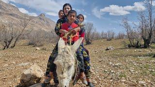 A widow riding a donkey with her children in the mountains