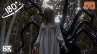 Scary VR Nightmare: a giant spider and a ghost girl lost in the woods: 8k virtual reality 3D video