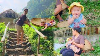 Single mother - picking vegetables to sell, making bridges, children alone