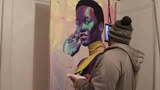 Painting Lupita Nyong'o - Acrylic Paint with a spray paint backdrop