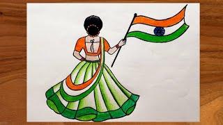 Independence Day drawing || Traditional Girl Drawing with Flag || Creativity Studio