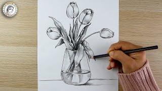 how to draw Flowers Vase | drawing | dibujo de flores | still life drawing | رسم | رسم مزهرية الزهور