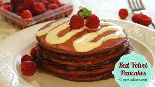 Easy Red Velvet Pancakes with Cream Cheese Drizzle