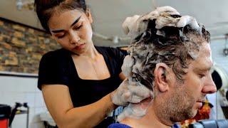 PERFECT HEAD MASSAGE to PUT YOU TO SLEEP! (Hair Wash SHAMPOO OVERLOAD, Lady Barber) Phnom Penh 