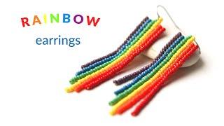 Rainbow seed bead earrings tutorial for beginners. Flat square stitch DIY