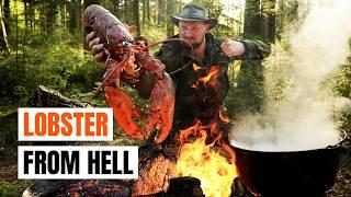 I found a Lobster in the forest and cooked over a fire - ASMR Outdoor cooking