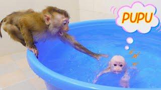 Baby monkey Poki and Monkey PUPU took a bath together in the big bathtub