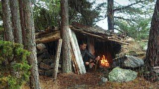 ️Camping in RELAXING RAIN: My Cozy Bushcraft Shelter on an Island (Rain Sounds ASMR)
