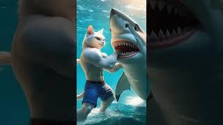 Cat dad bravely saves daughtershark disperses！ #ai #story #catshorts#aicat#funnymeow8#funnymeow