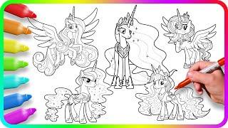 Coloring Pages MY LITTLE PONY - Five Princesses. How to color My Little Pony. Easy Drawing Tutorial