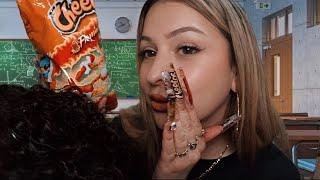 ASMR Hot Cheeto Girl sits in back of you in class️ She plays with your hair & does your makeup!