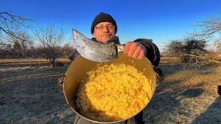 Cooking on a bonfire authentic ancient Ukrainian dish COSSACK KULISH