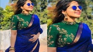 blue Sarees with contrast designer blouse collection.