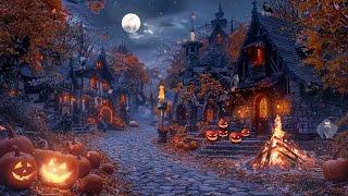 Halloween Village At Fantasy Night Ambience | Bonfire, Distant Thunder and Nature Sounds To Relaxing