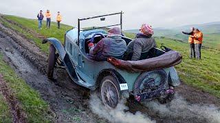 Extreme Contest Trying to Climb Muddy Hill With Vintage Cars