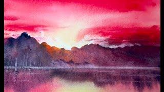 Ярко- красный Закат в Акварели! очень легко! Red Sunset in watercolour