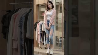 Moving AI Lookbook #21 - Clothing Store Pink Sweater Cardigan + Ripped Jeans Female Model